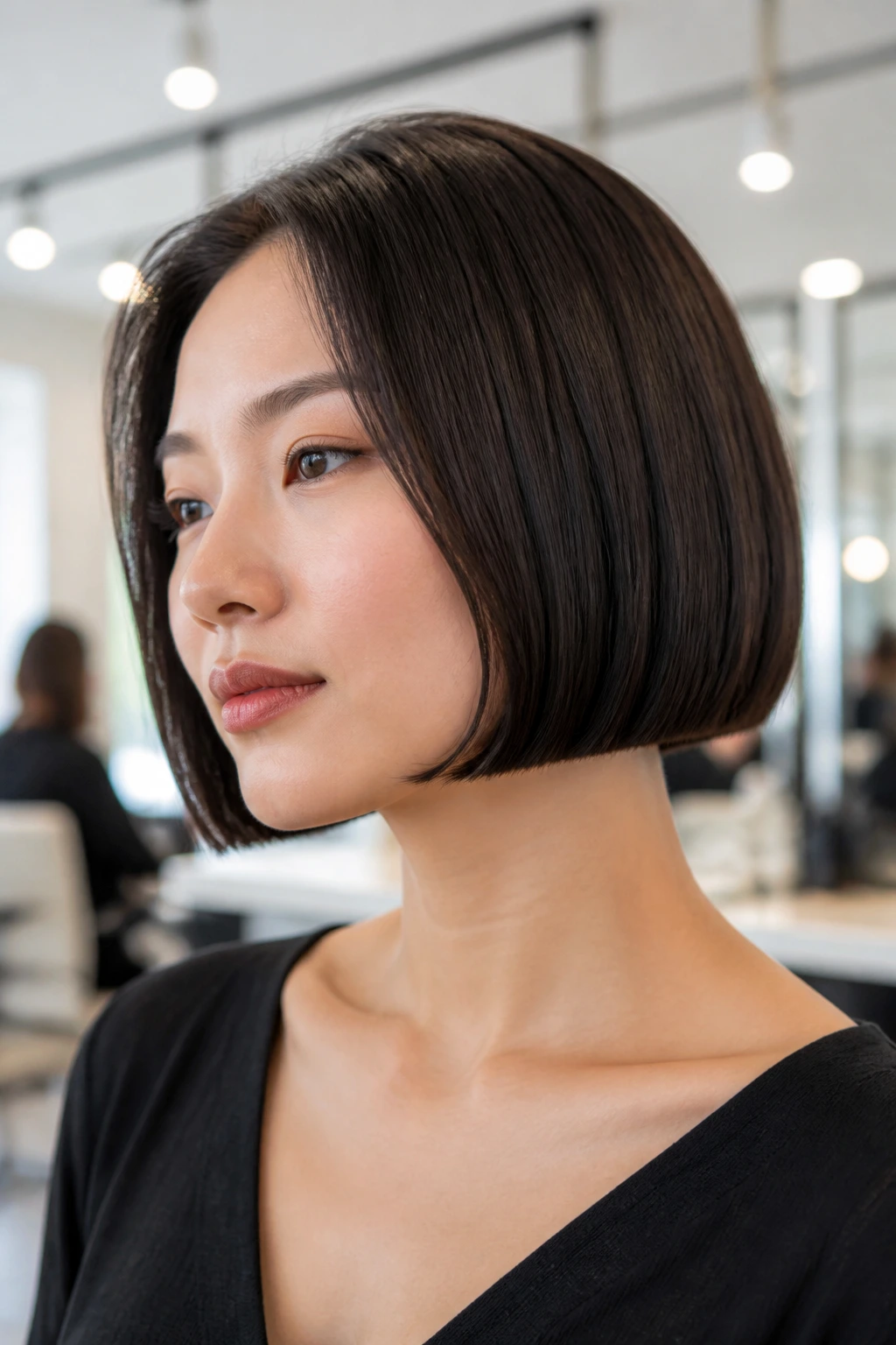 Portrait of a person with a clean box bob at the jawline.