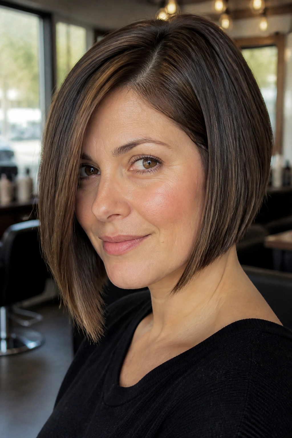 Close-up of a real woman with a side-parted box bob in natural salon light