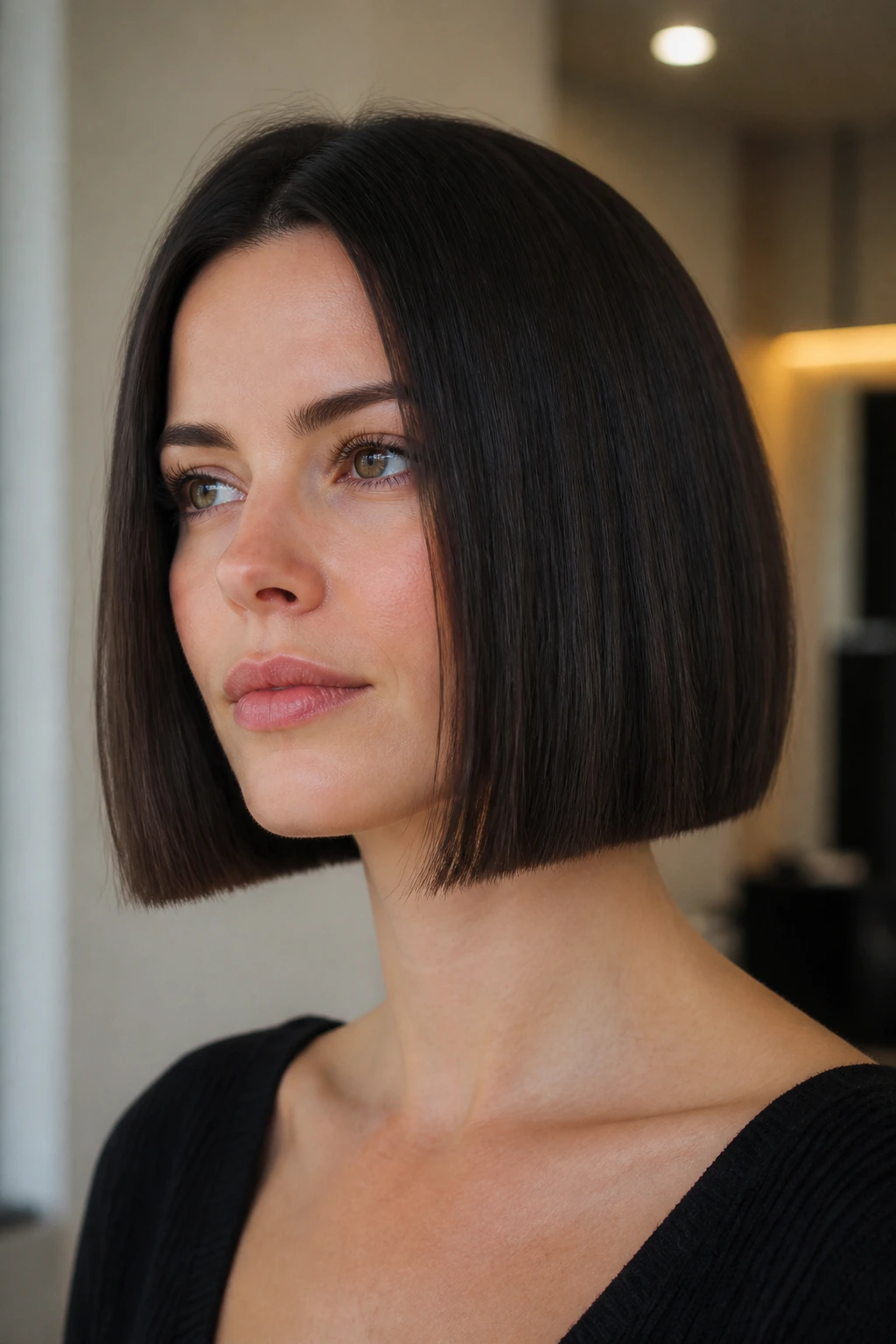 Close-up portrait of a real woman with a blunt box bob.