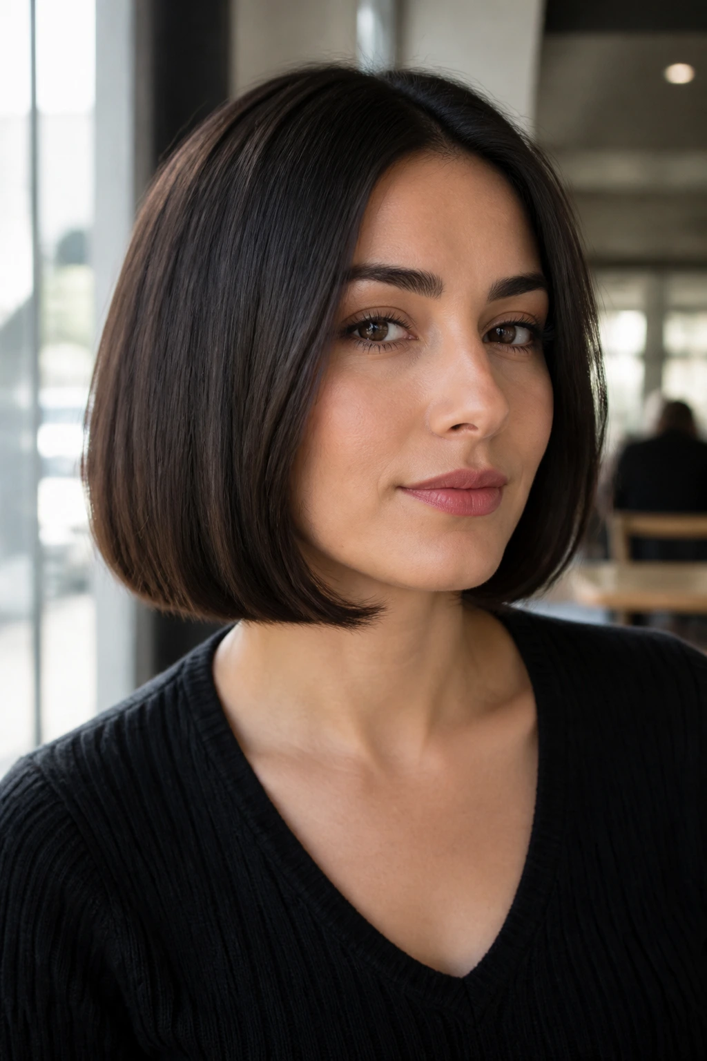 Woman with a sharp box bob and clean square outline in natural cafe light