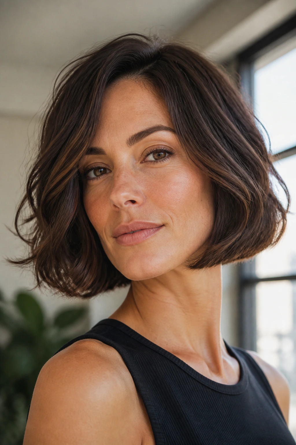 Portrait of a real woman with a box bob and soft corners