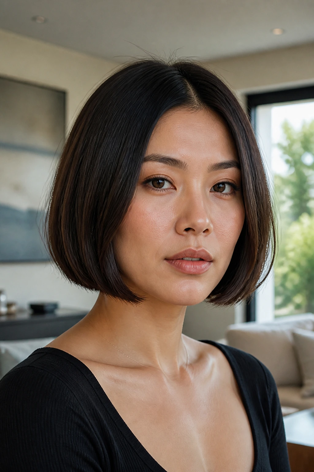 Close-up portrait of a real woman with Box Bob with Soft Corners in a modern living room