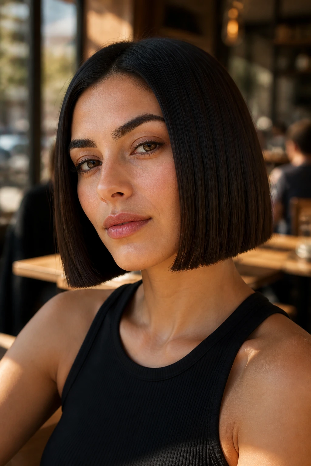 Close-up portrait of a real woman with a blunt box bob in warm window light