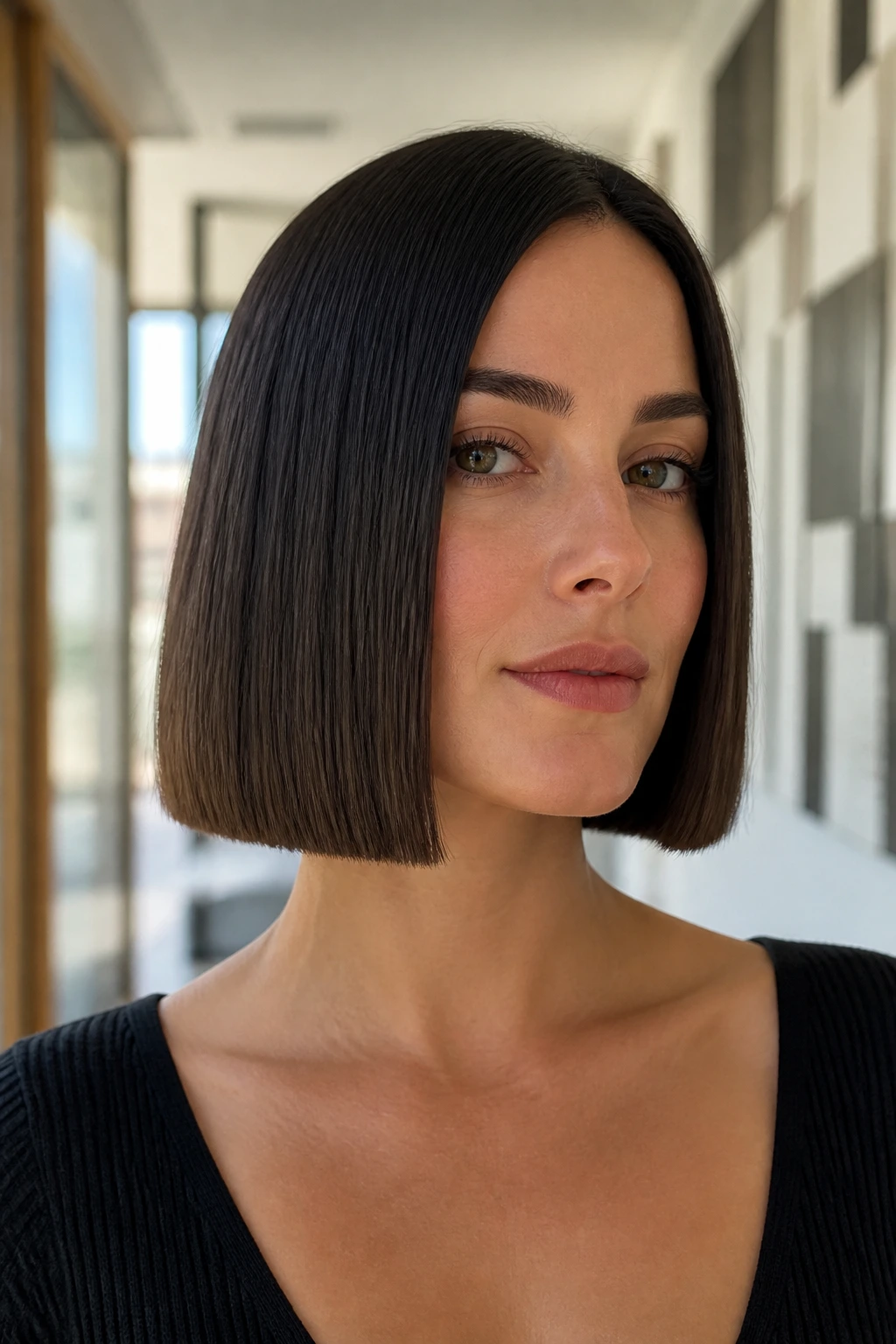 Real woman with blunt square-edged box bob, close-up under daylight