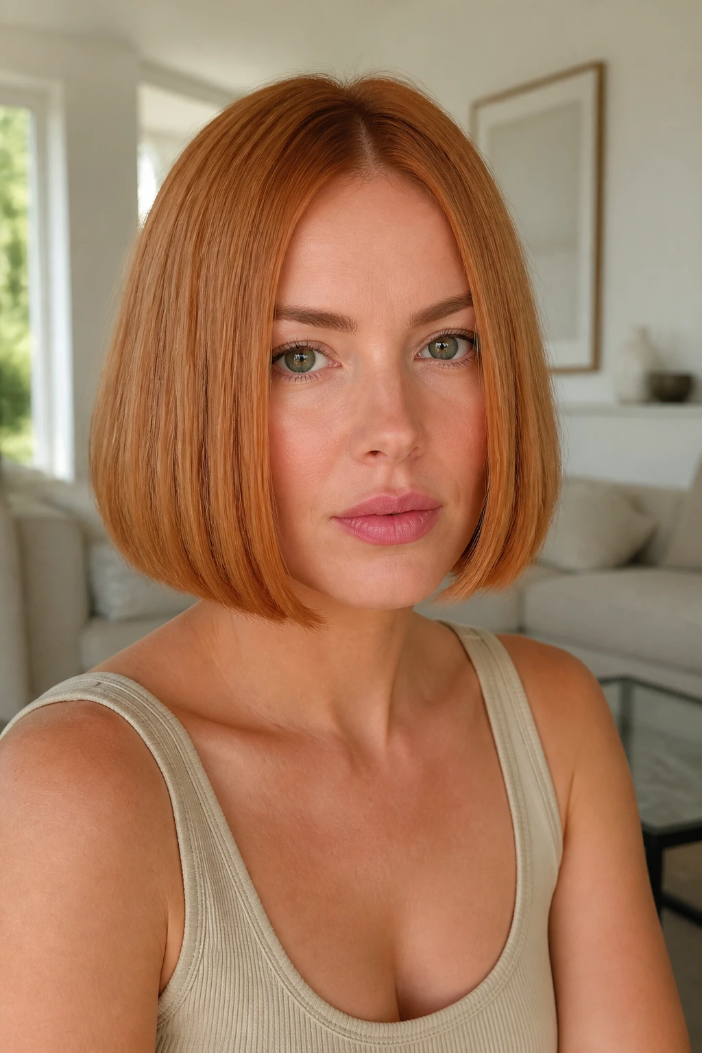 Close-up portrait of a real woman with a thick box bob in strawberry blonde
