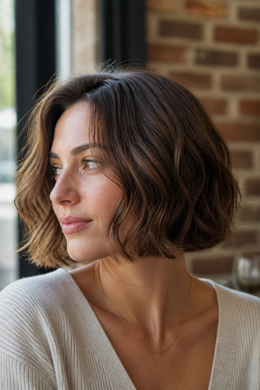 Head-and-shoulders portrait of a real woman with box bob and loose waves, urban cafe backdrop