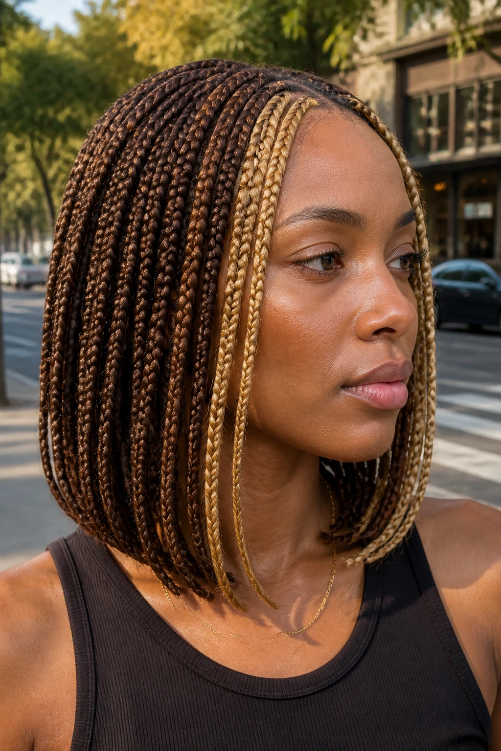 Portrait of a woman with box braid lob chestnut and gold highlights