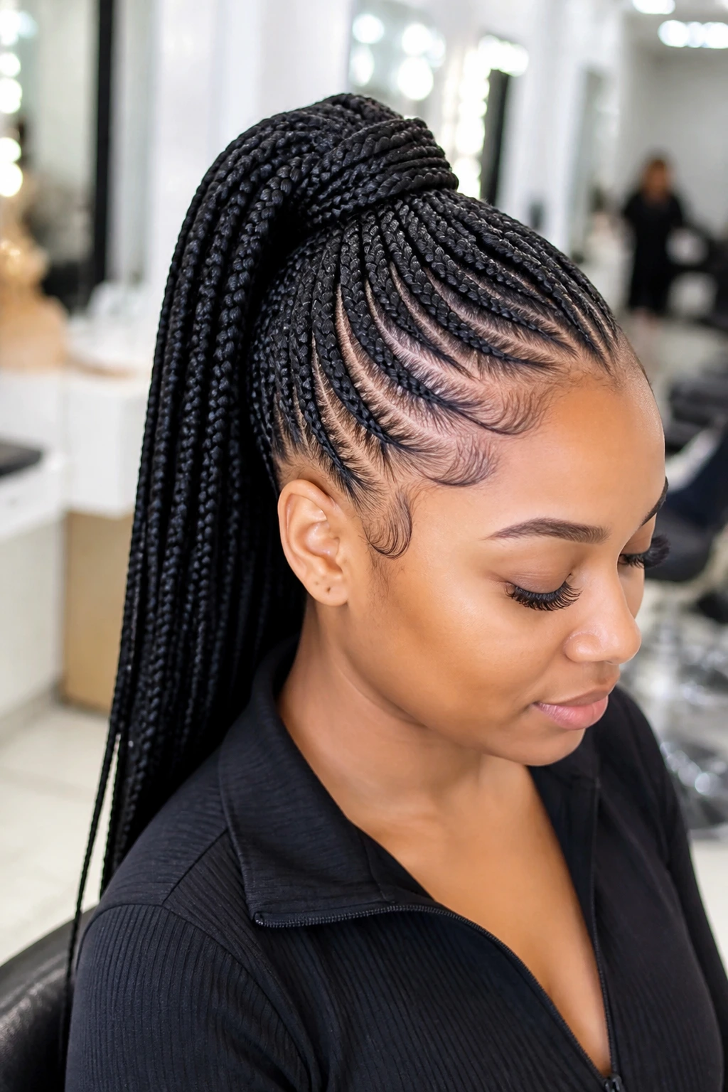 Real person with box braid ponytail and tapered edges