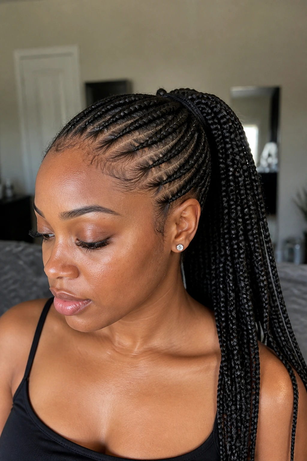 Real woman with a box-braid tail ponytail
