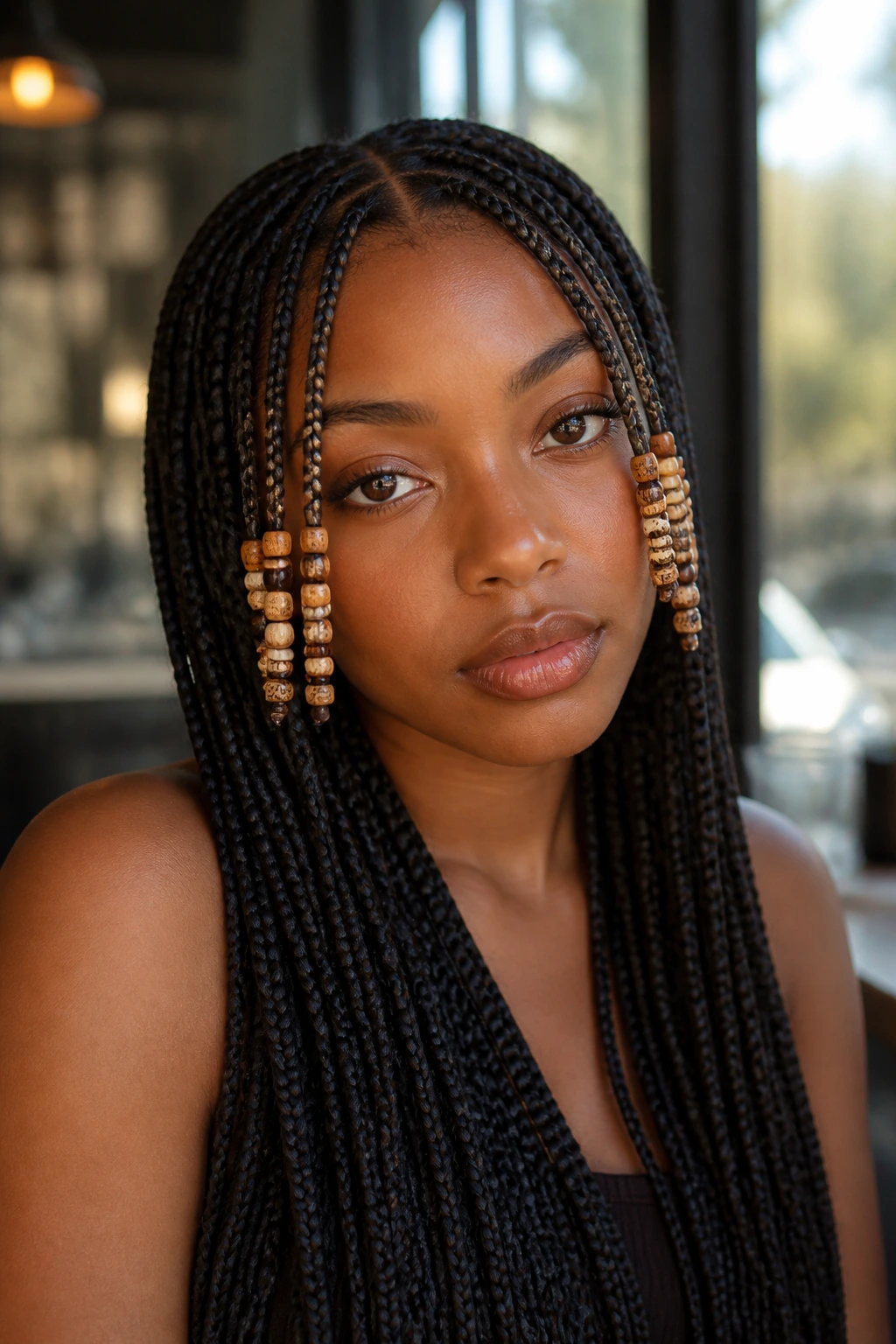 Real person with long box braids and beaded side curtain bangs