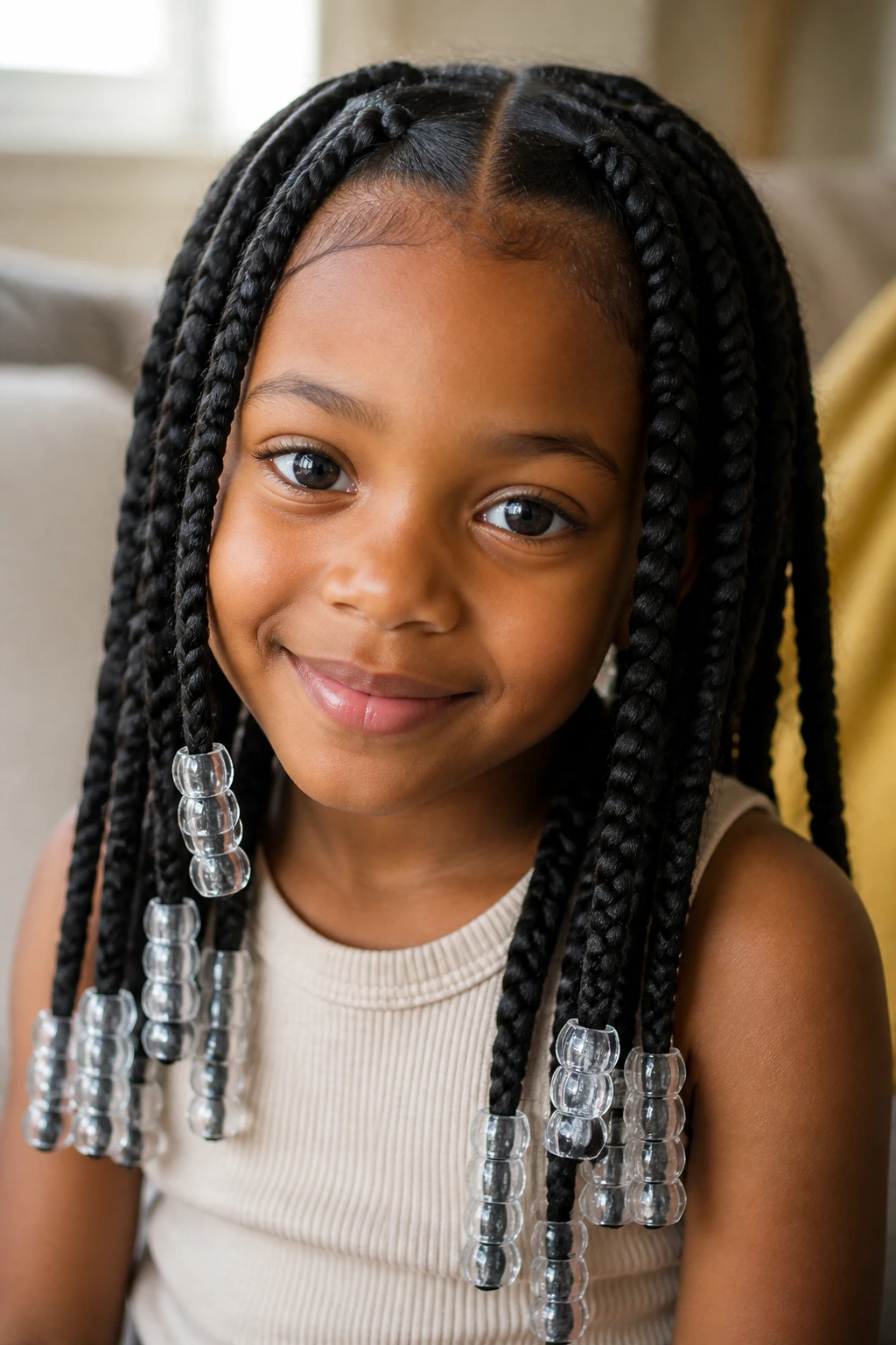 Close-up of center-part jumbo box braids with clear beads on a child's head