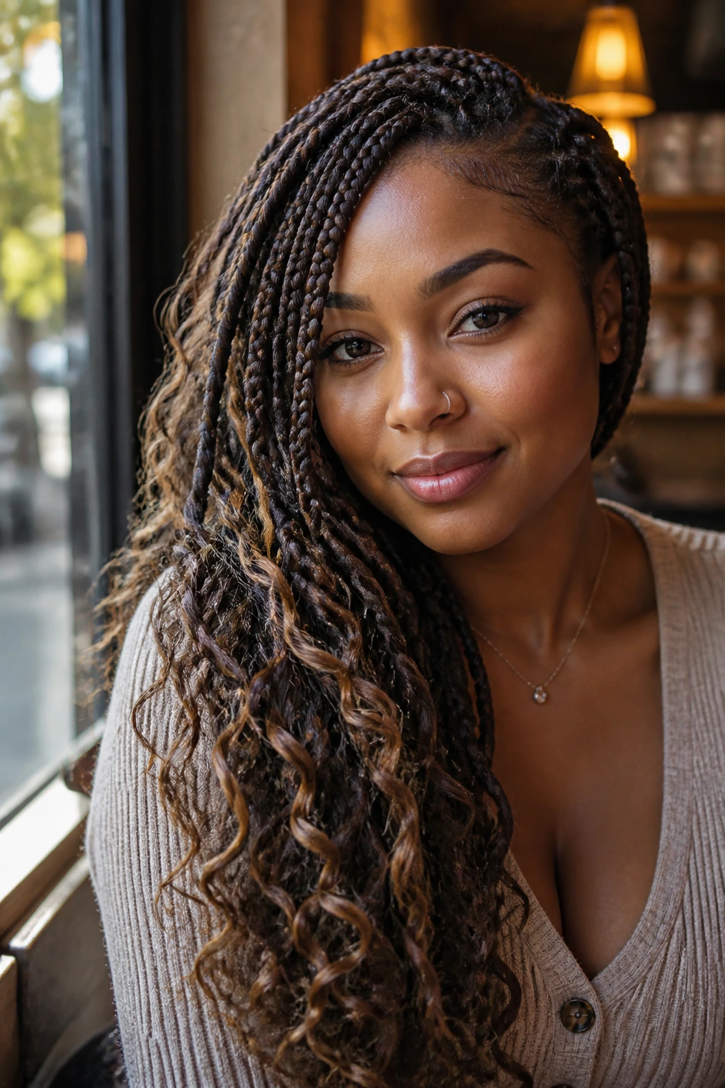 Close-up of a woman with boho box braids draped over one shoulder