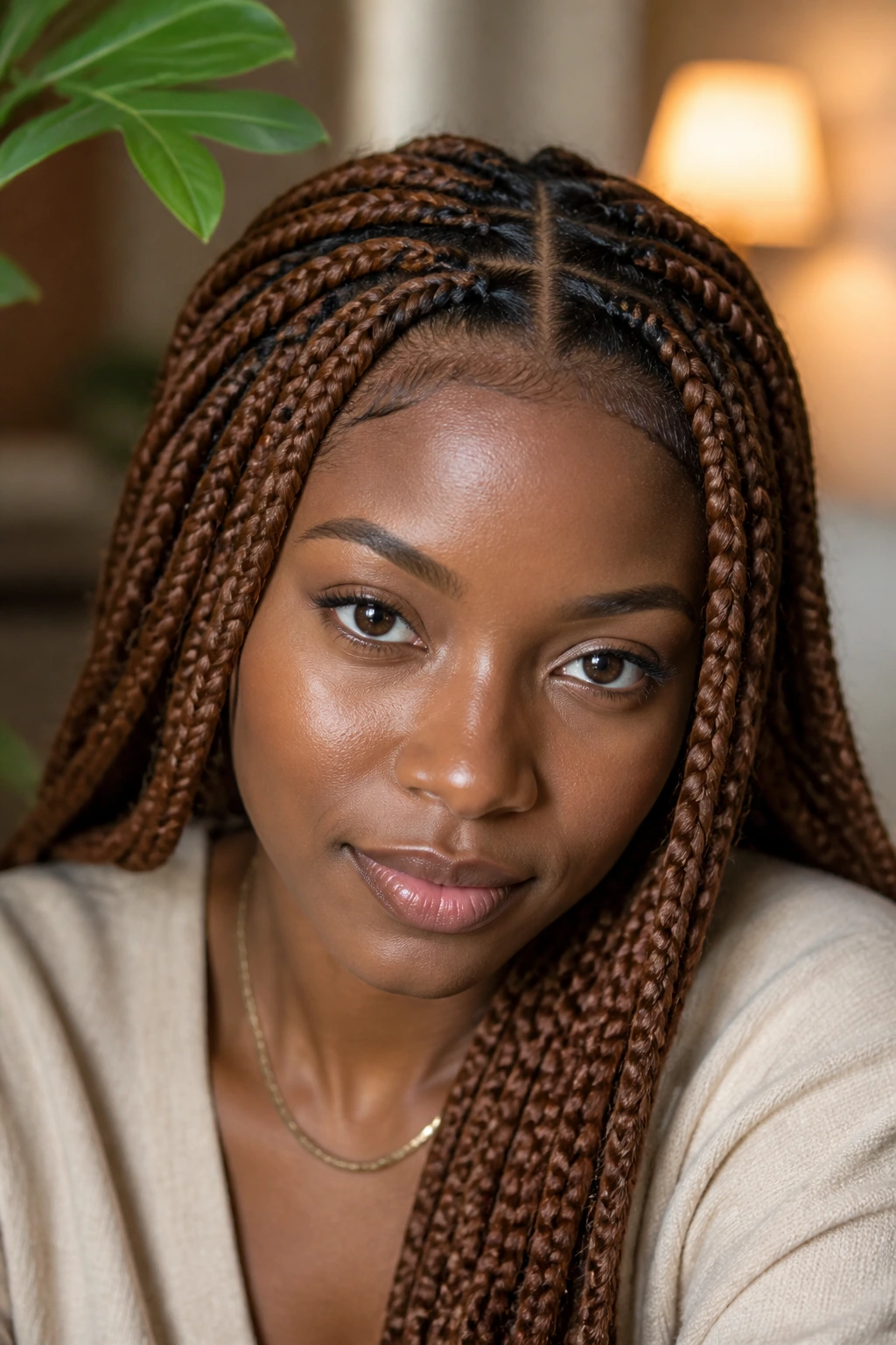 Close-up of a person with chestnut box braids and dark roots