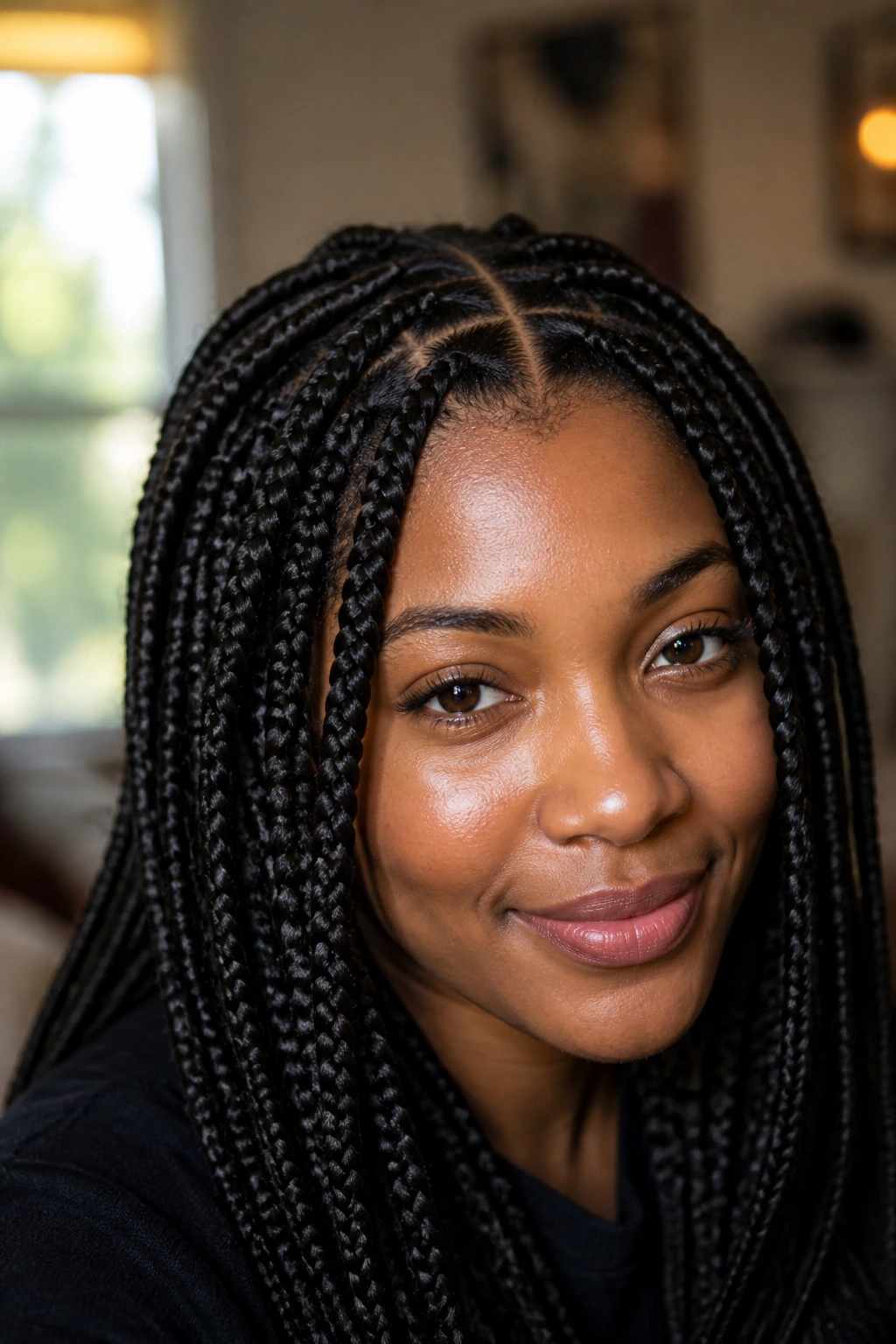 Close-up of classic box braids on a real woman