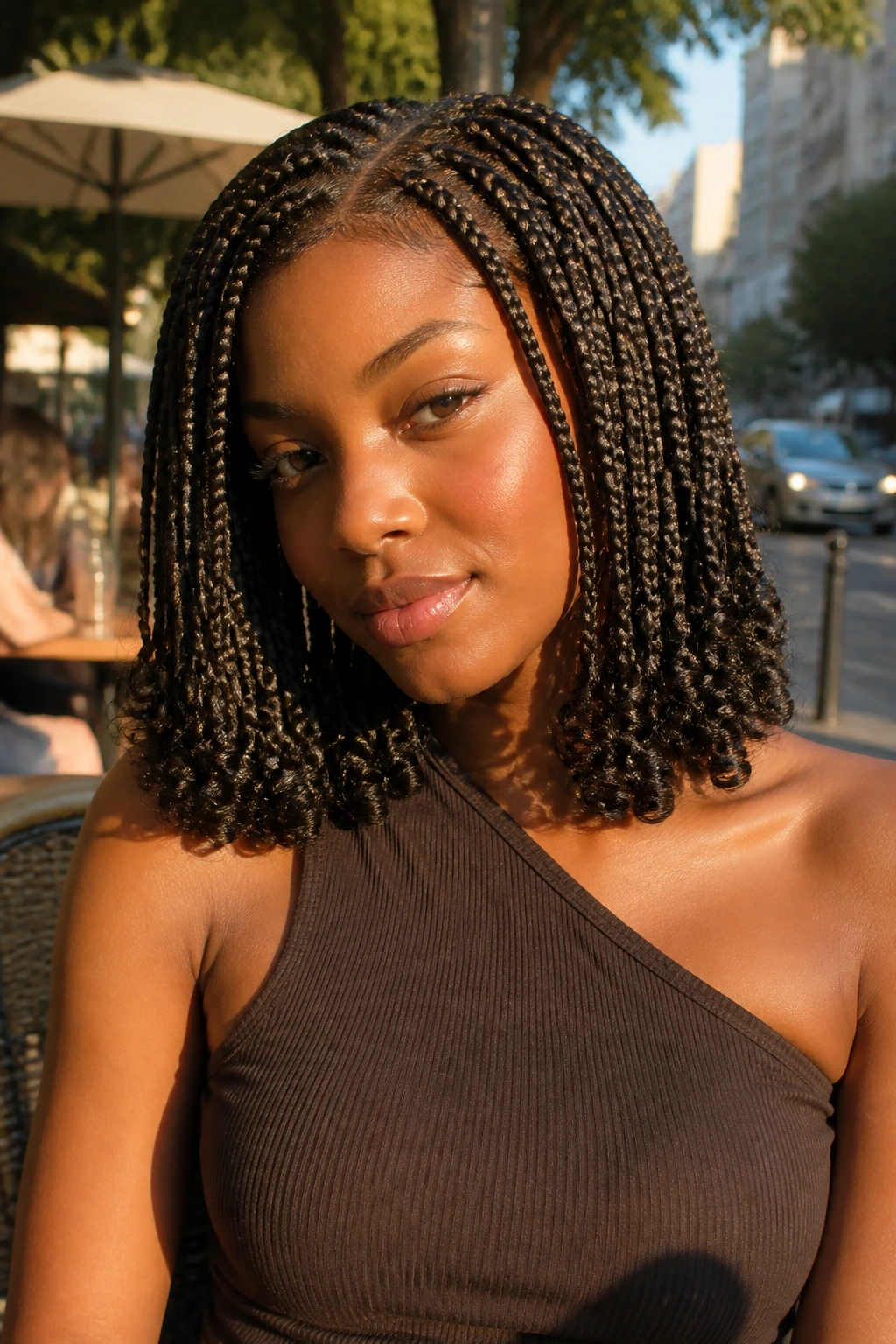 Close-up of a real woman with medium box braids and curled ends