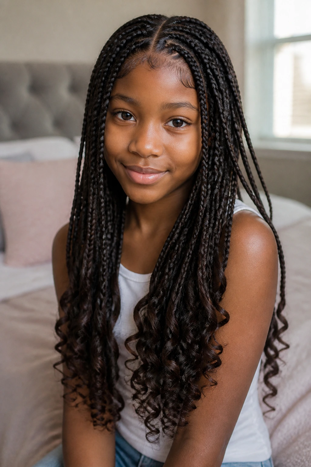 Portrait of a child with waist-length box braids and curled ends