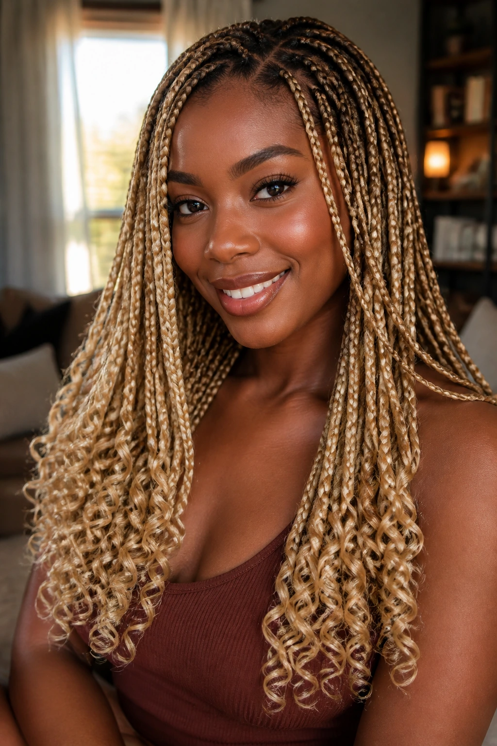 Close up of a real woman with curly blonde-end box braids filling the frame