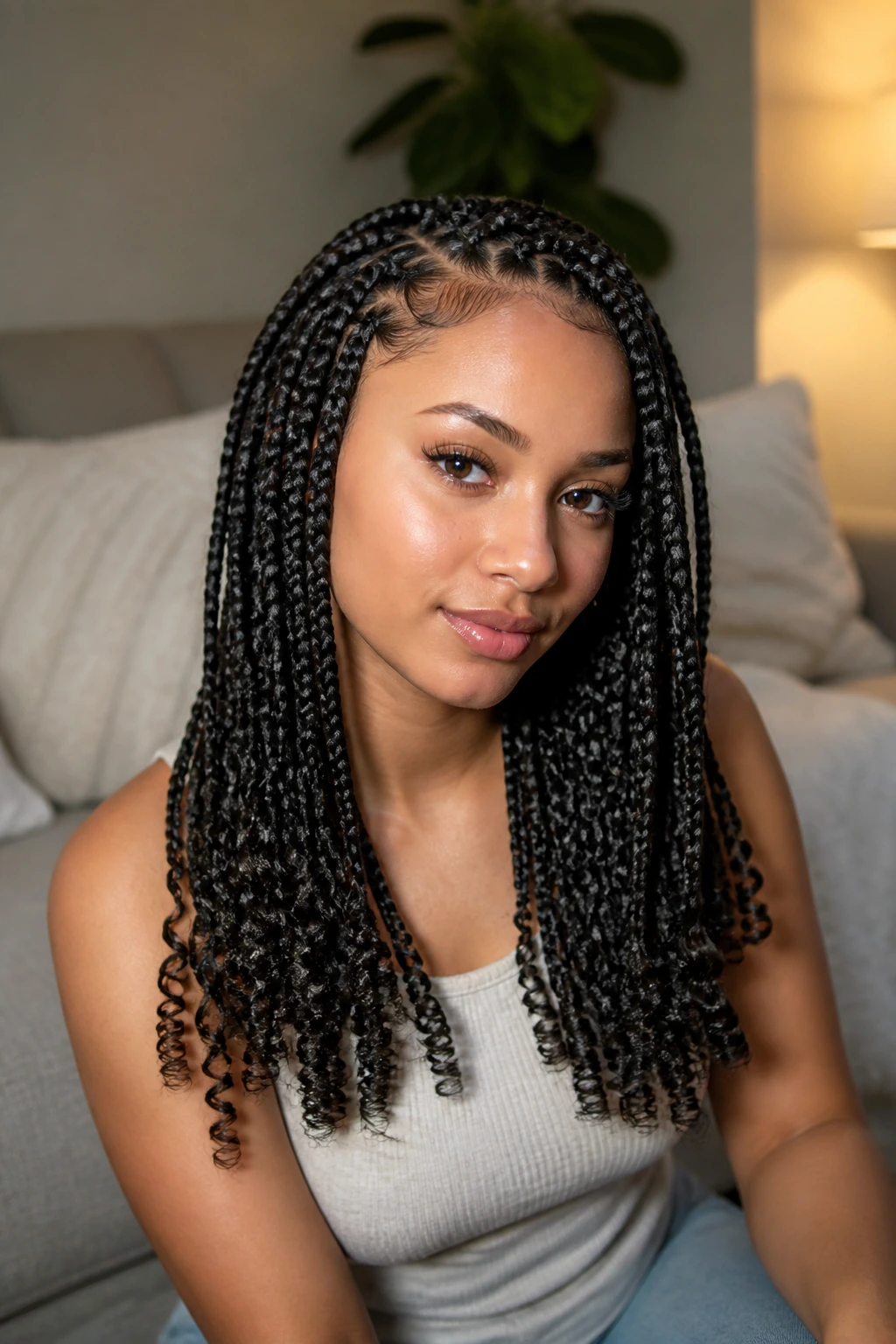 Close-up portrait of a real person with box braids and curly ends.