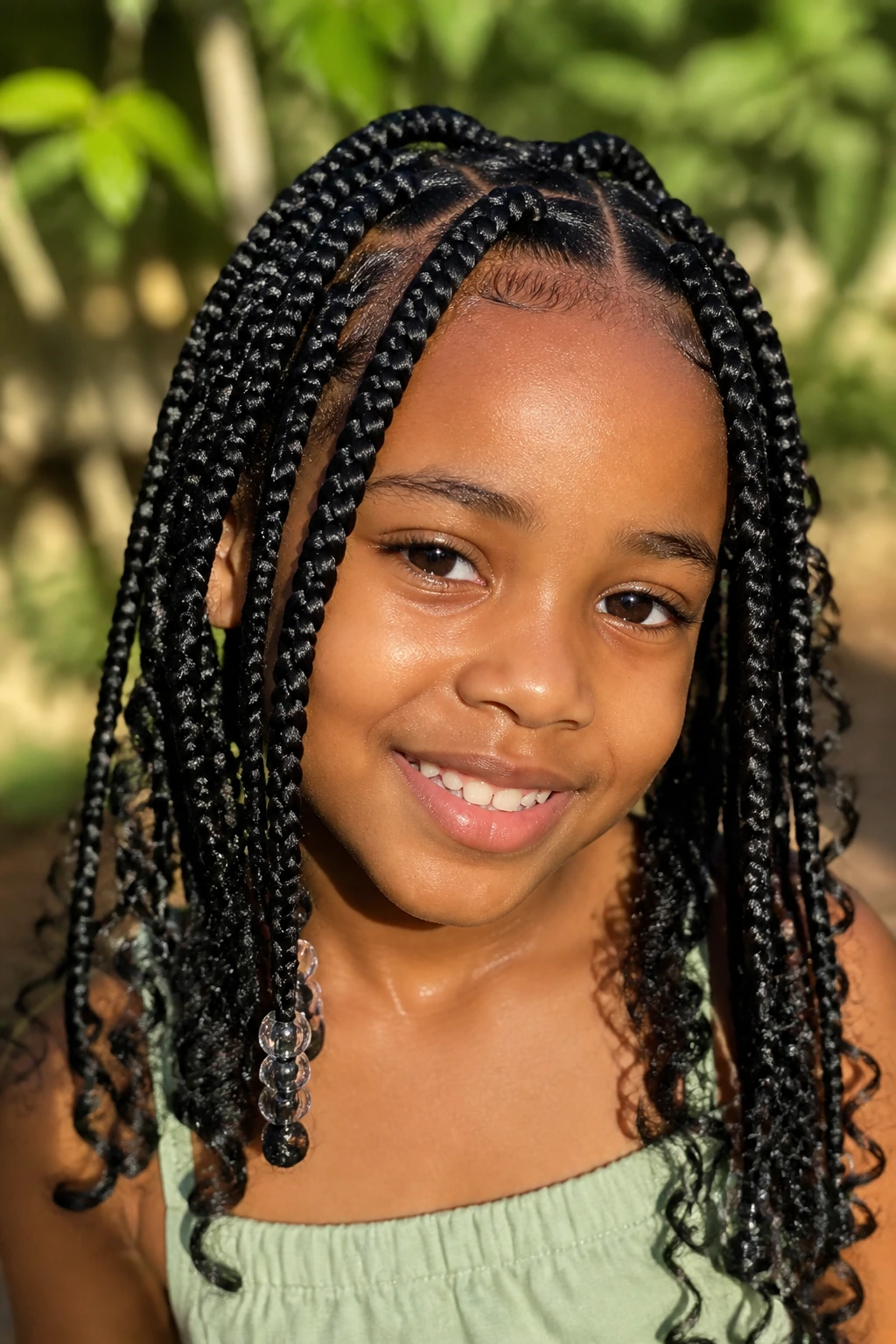 Girl with box braids and a few curly pieces in a sunny backyard.