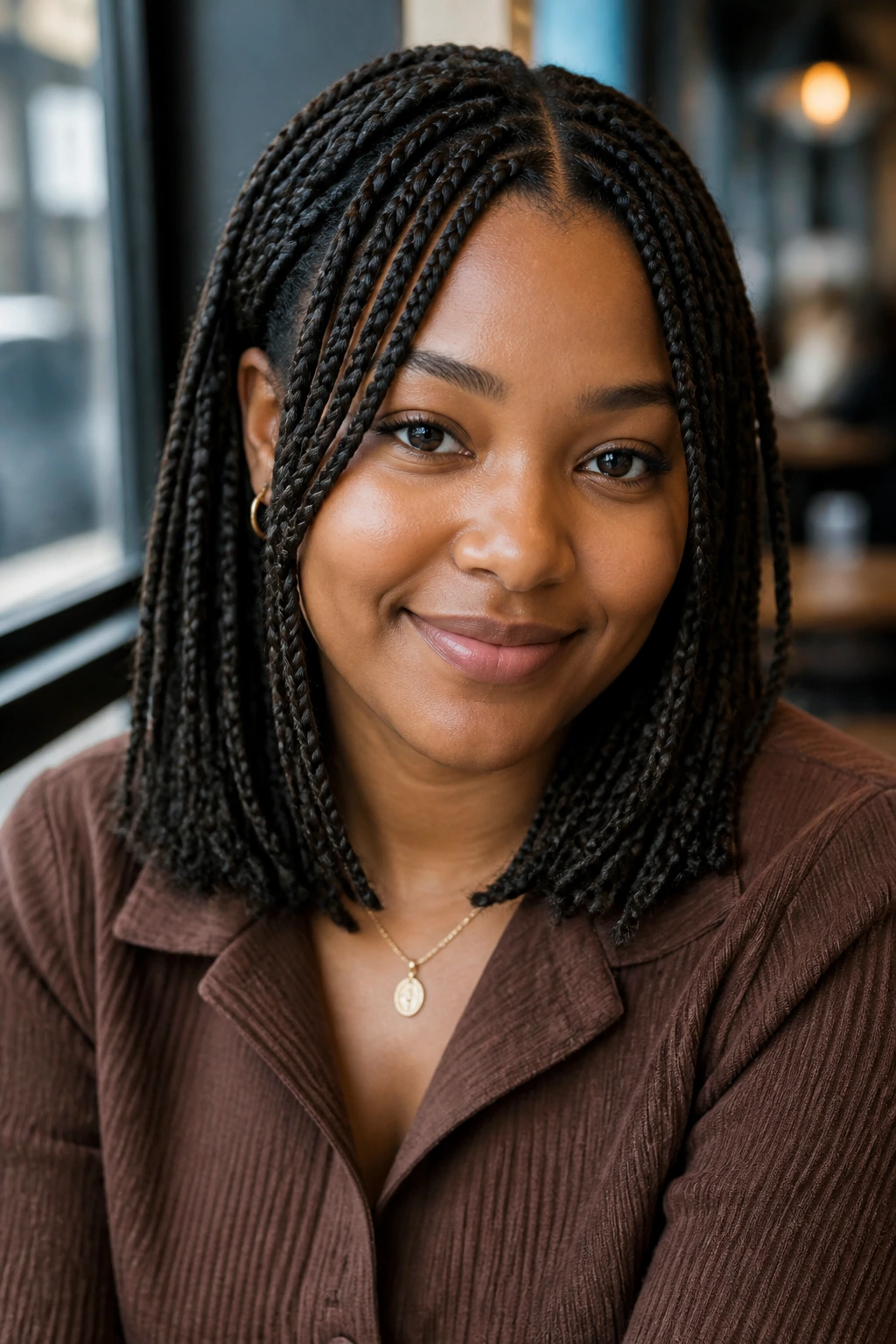 Close-up of a real Black woman with medium box braids and curtain pieces
