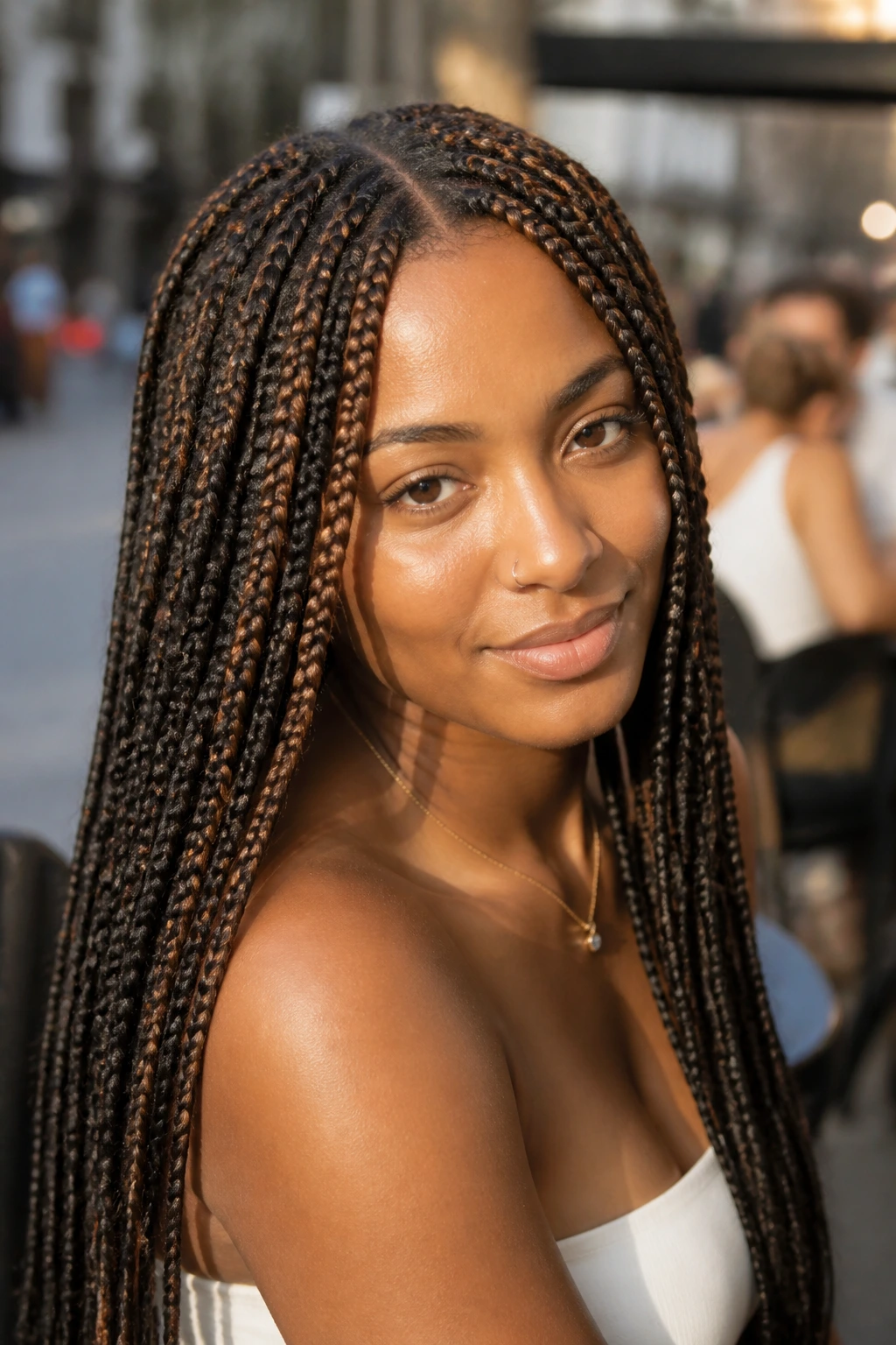 Close-up of box braids with subtle highlight feed-ins on a real woman