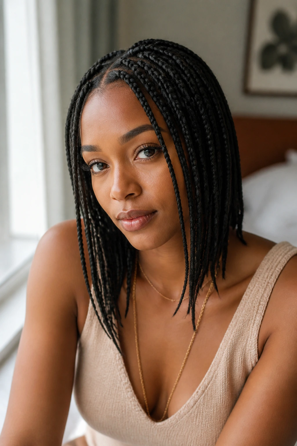 Close-up of a real woman with lightweight mid-length box braids in soft bedroom lighting