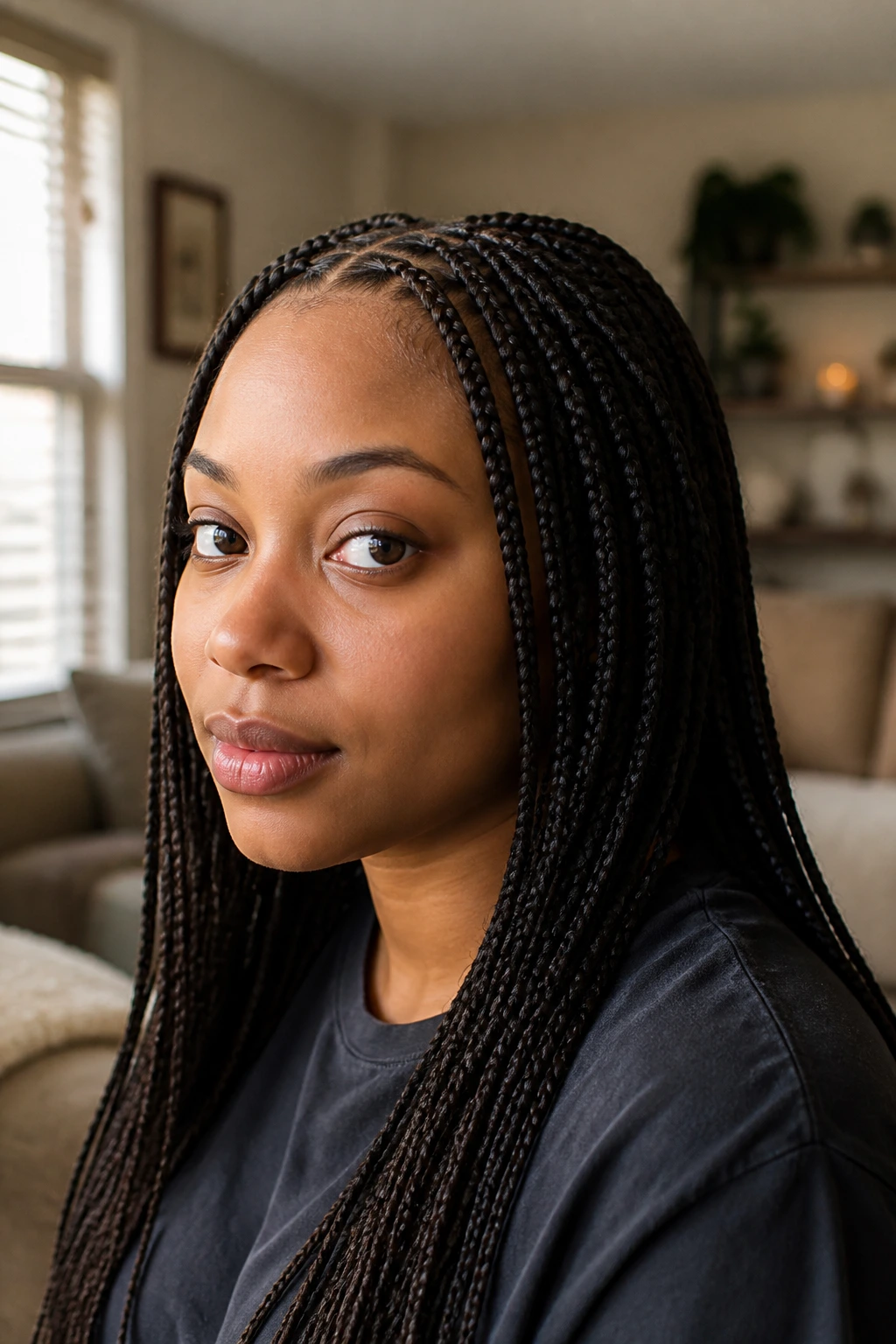 Portrait of a woman with box braids showing protective style for fine hair