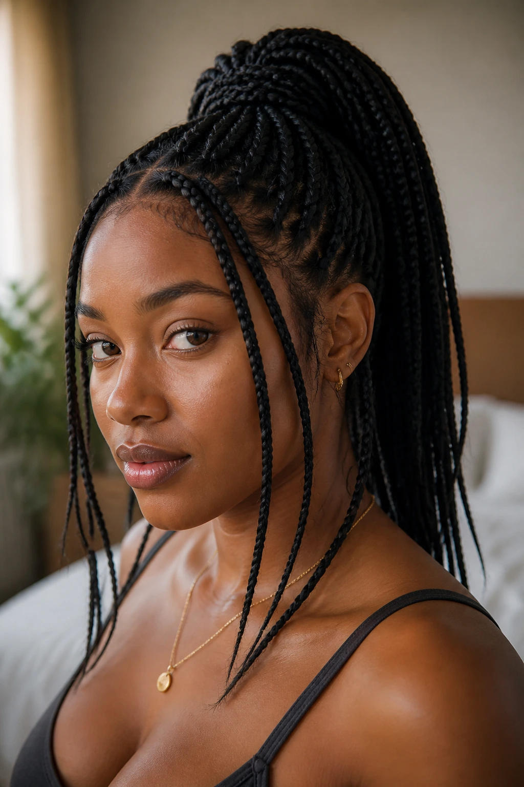 Close-up portrait of a woman with a high ponytail made of box braids, soft front braids framing the face