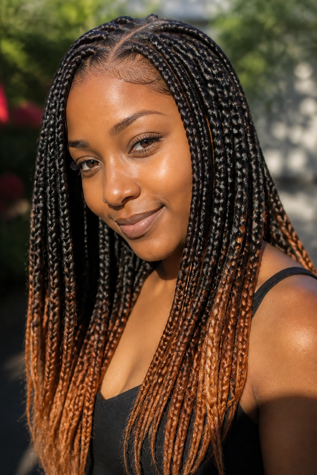Box braids with honey-orange ends on a real person, close-up portrait