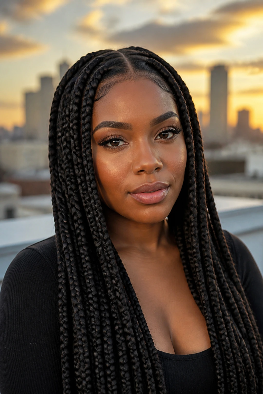 Portrait of a woman with long jumbo box braids in a middle part.