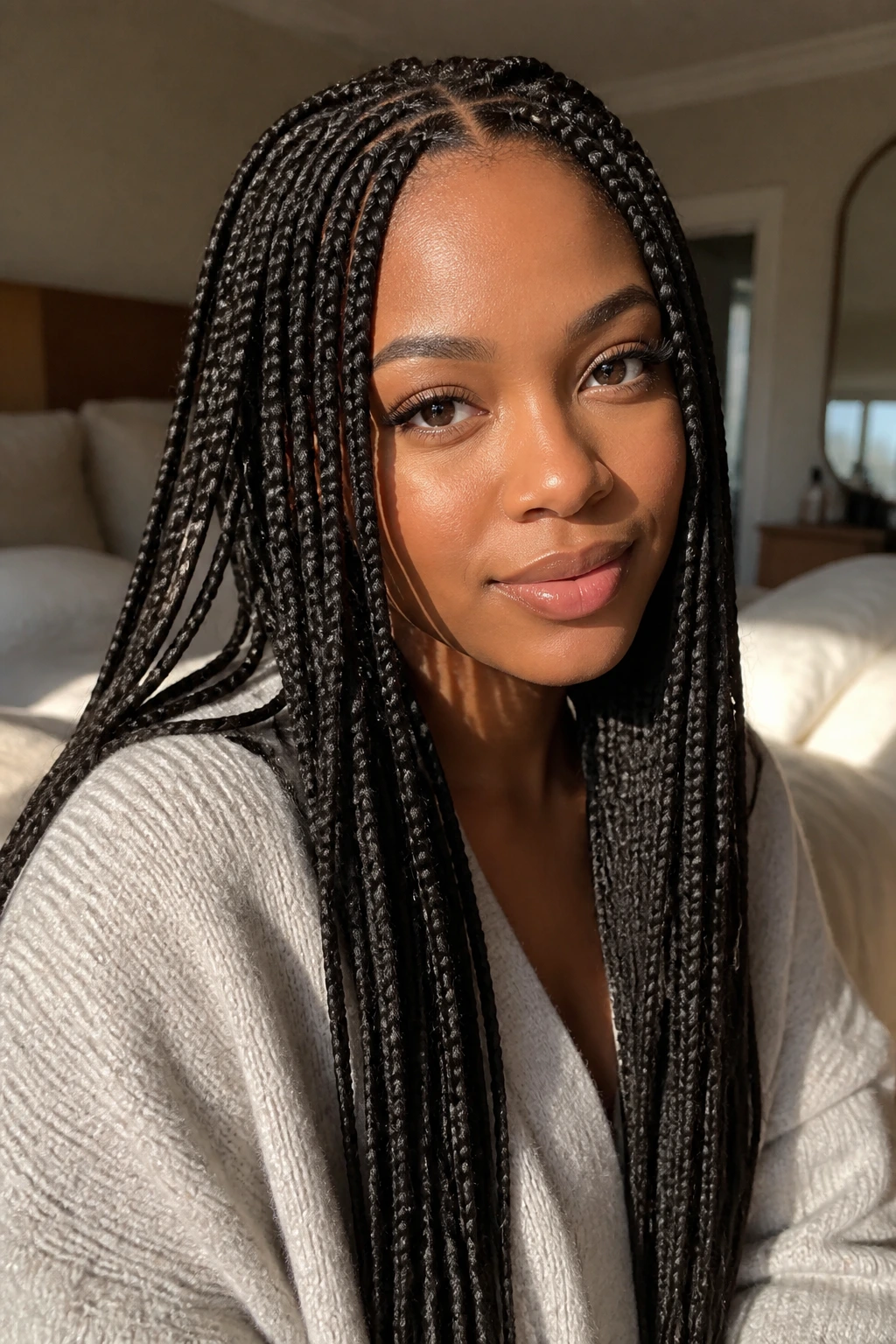 Close-up of a real woman with box braids worn down in a loose style to protect roots