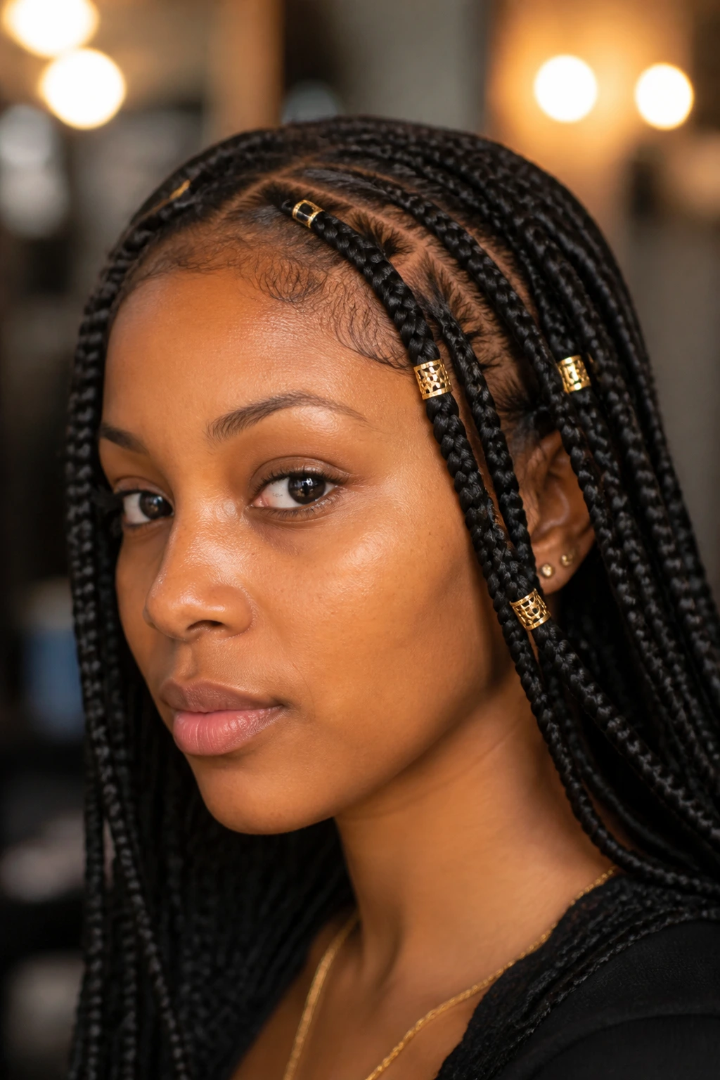Portrait of real woman with box braids featuring a side part and gold cuffs near the face