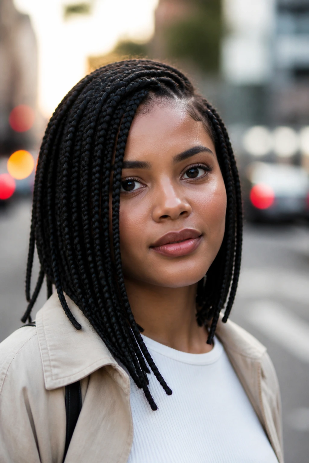Portrait of a woman with side-part box braids past the jaw in an urban setting.