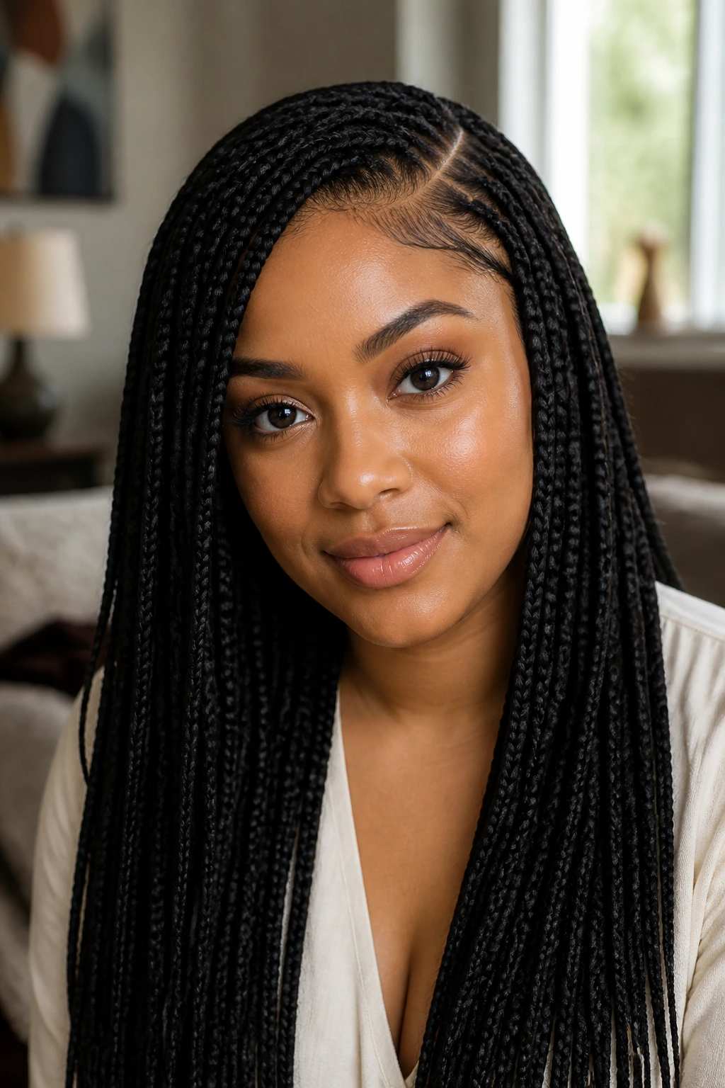 Close-up portrait of a woman with long box braids and a strong side part in warm living room light