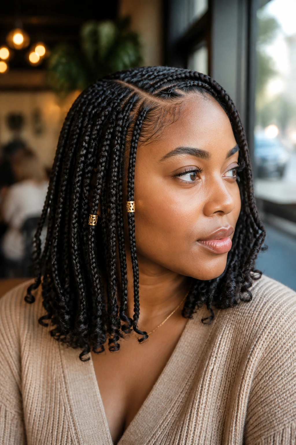 Real woman with shoulder-length box braids, side part, curled ends and cuffs