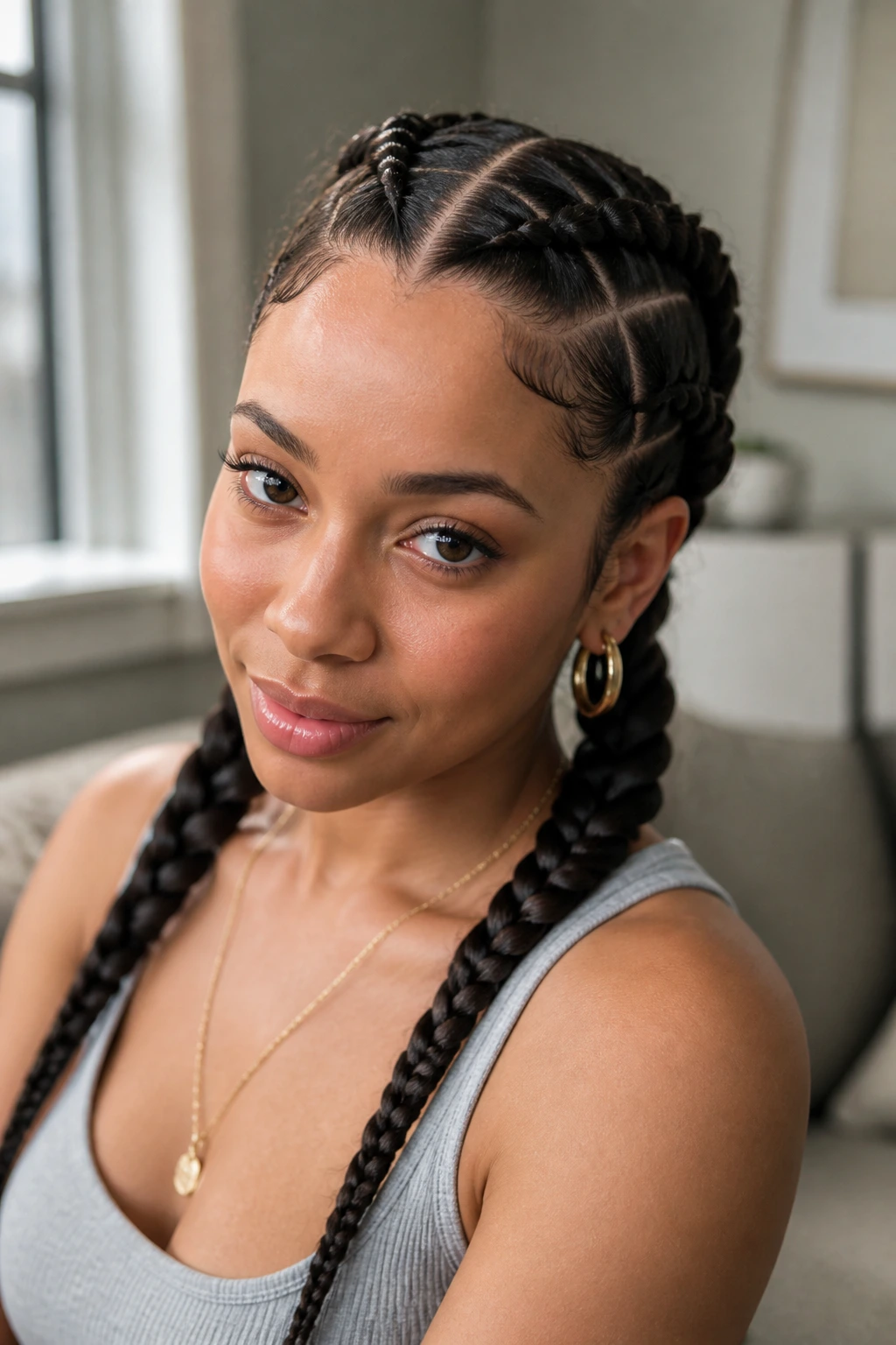 Close-up of a real woman with box-part French braid pigtails in a softly lit indoor setting