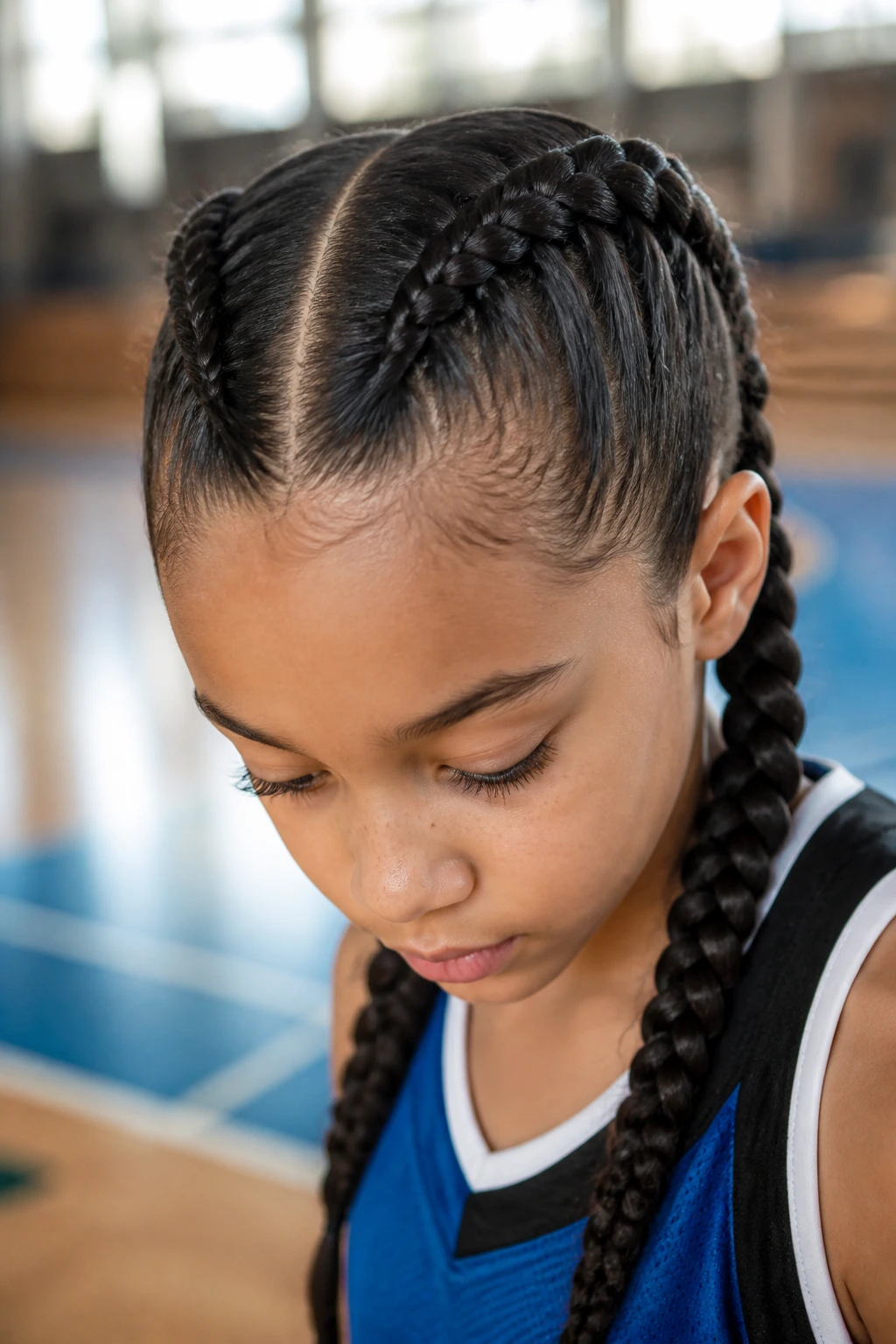 Close-up of boxer braids on a curly-haired child ready for sport