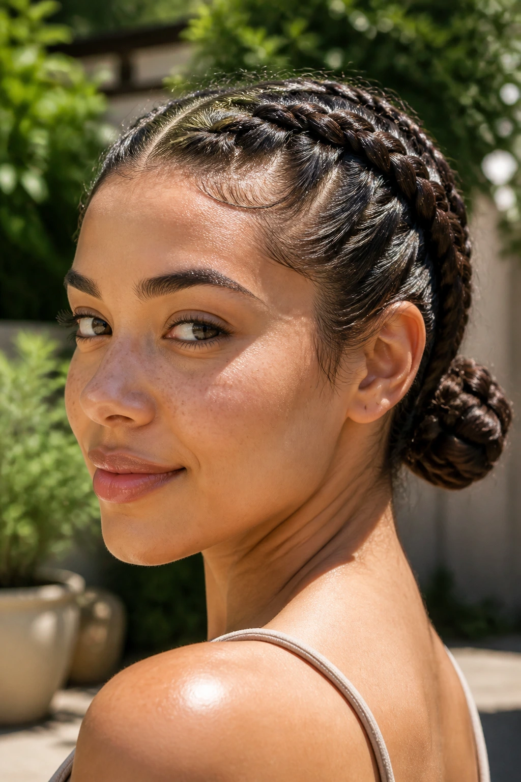 Close-up of a real woman with boxer braids forming a knot at the nape in sunny outdoor courtyard.
