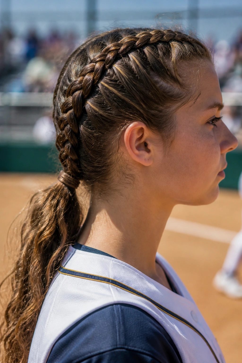 Close-up of a player with boxer braids flowing into a low pony against a blurred field backdrop.