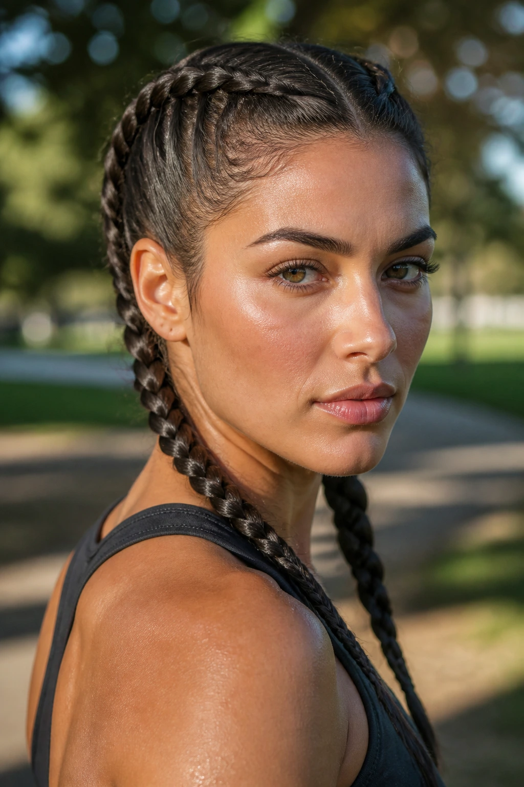 Close-up of a real person with boxer braids near the scalp