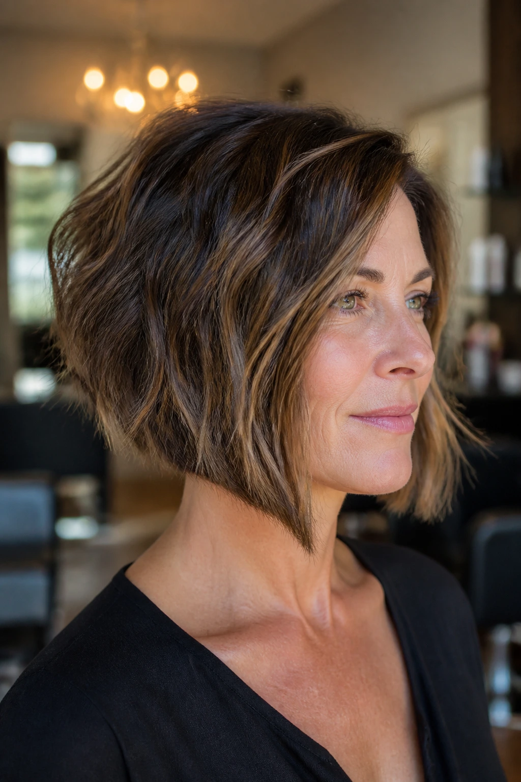 Close-up of a real woman with a boxy angled bob featuring a strong weight line in warm salon light