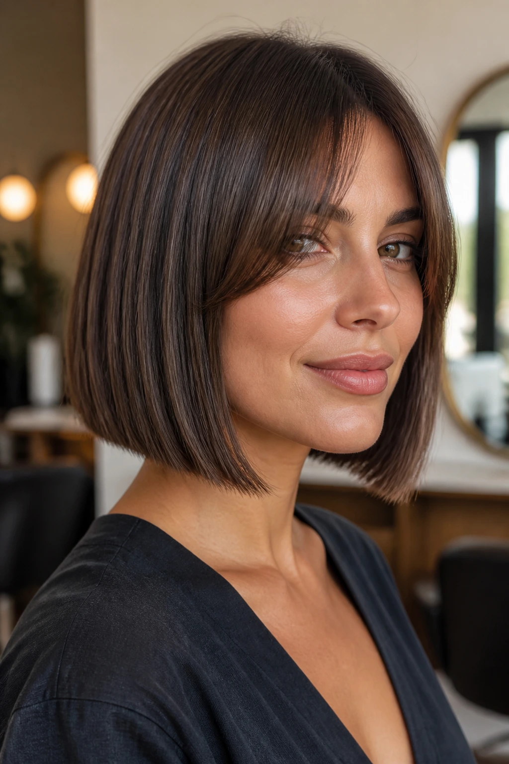 Close-up of real person with boxy bob and clean perimeter
