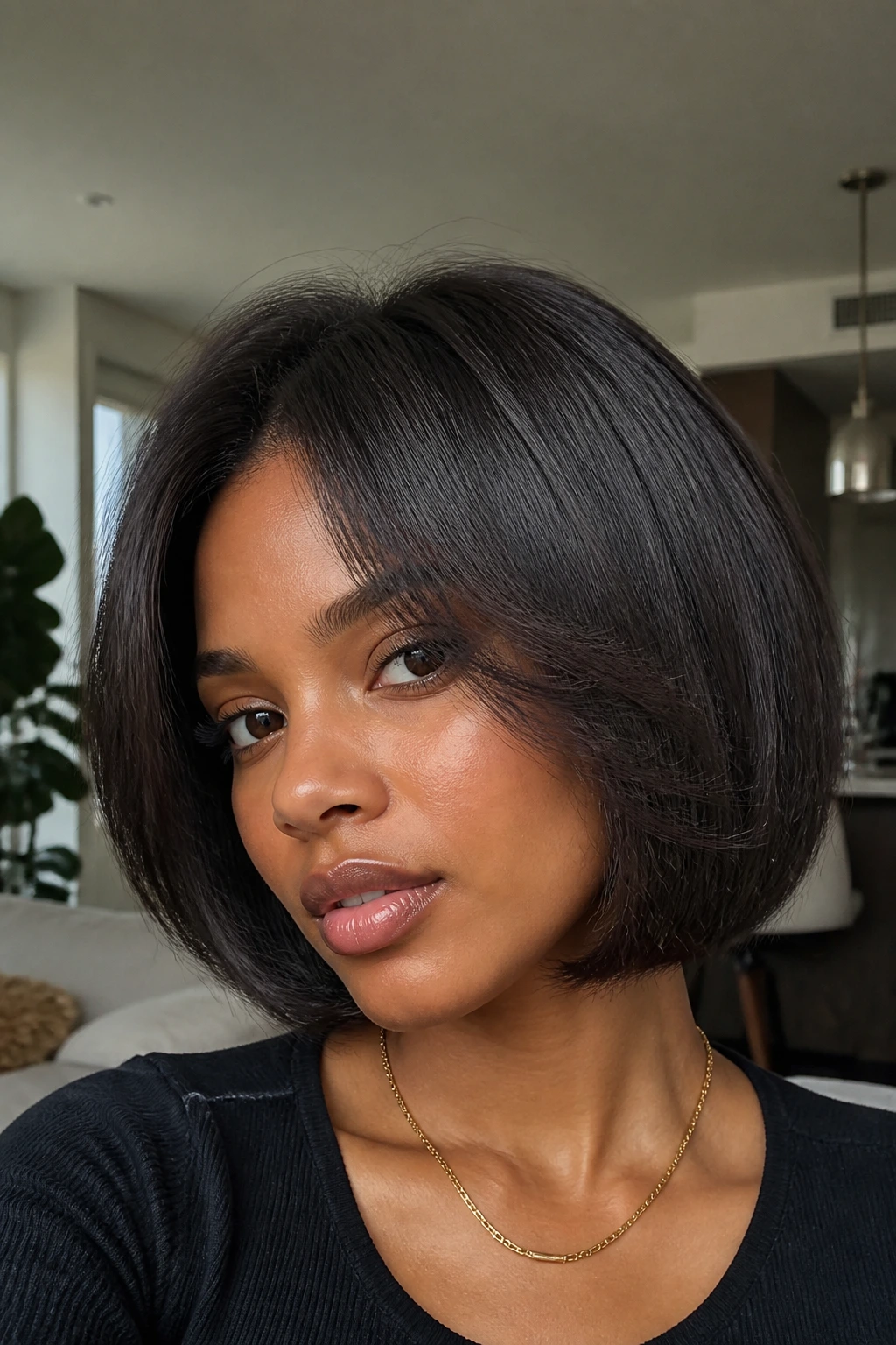 Close-up of a real woman with a boxy bob and soft edges, showing width and rounded silhouette.