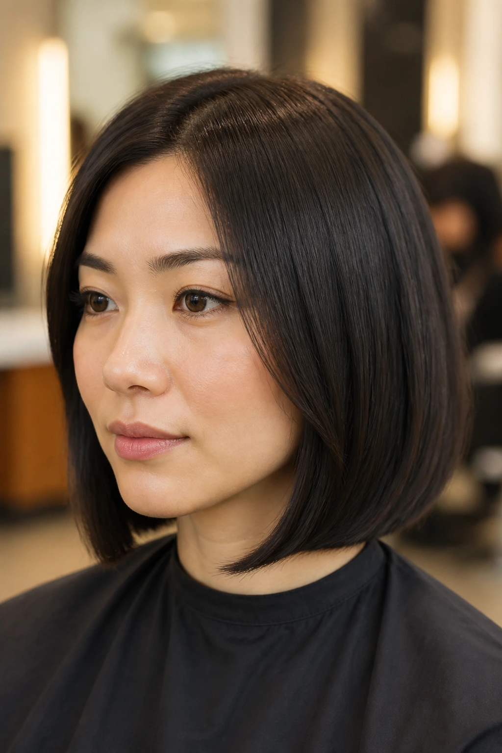 Real person with a boxy bob before fixes in salon setting