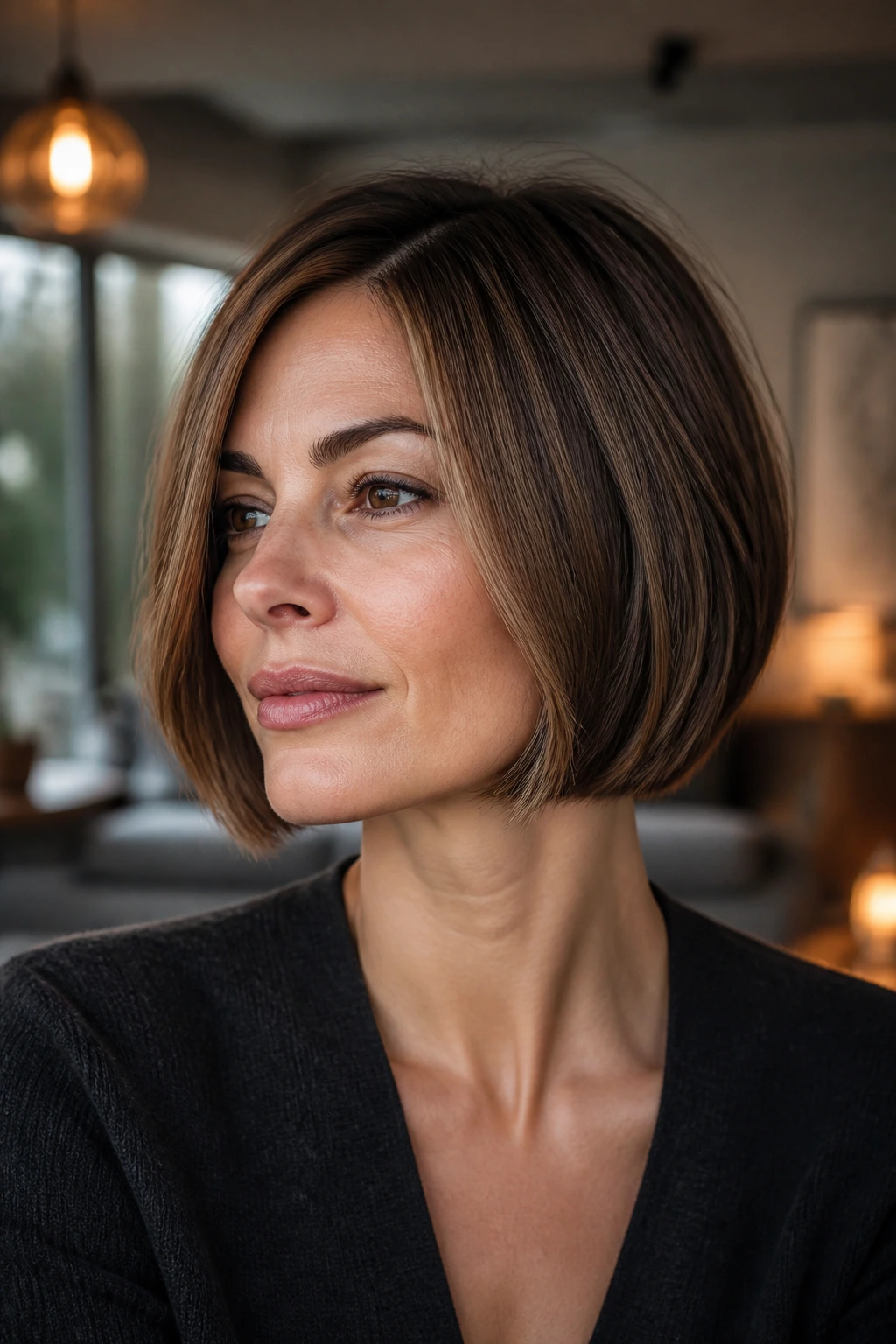 Real woman with boxy bob and interior lowlights.