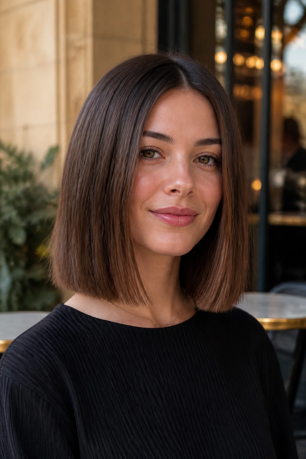 Close-up of a woman with a boxy bob in an urban cafe setting