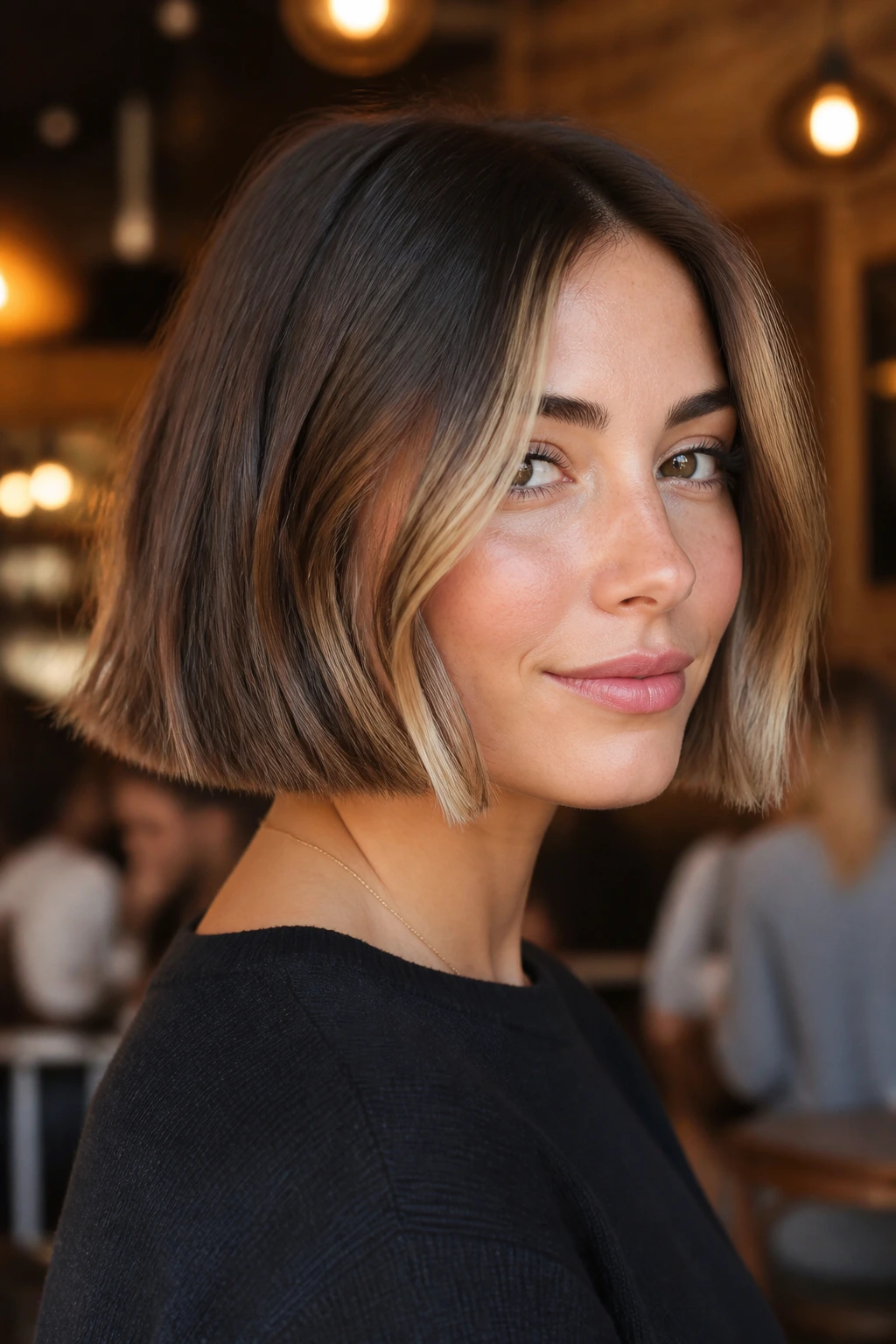 Close-up of a real woman with a boxy French bob and soft money piece