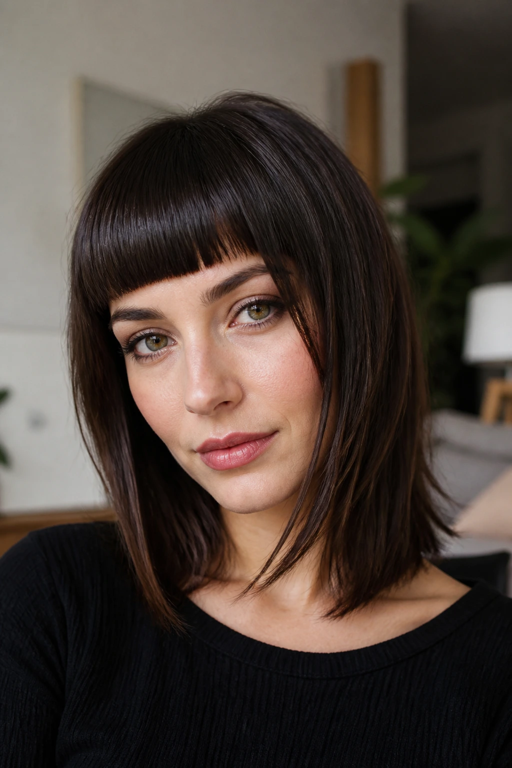 Close-up of a real woman with a boxy fringe tapered to the side on medium-length hair