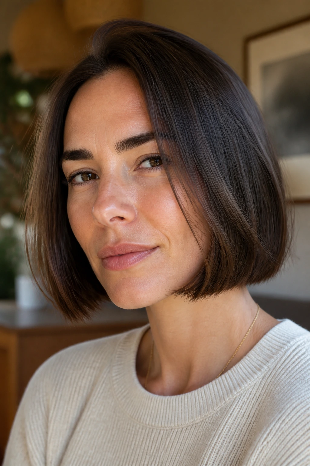 Real person with boxy-soft one-length bob in a cozy home setting.