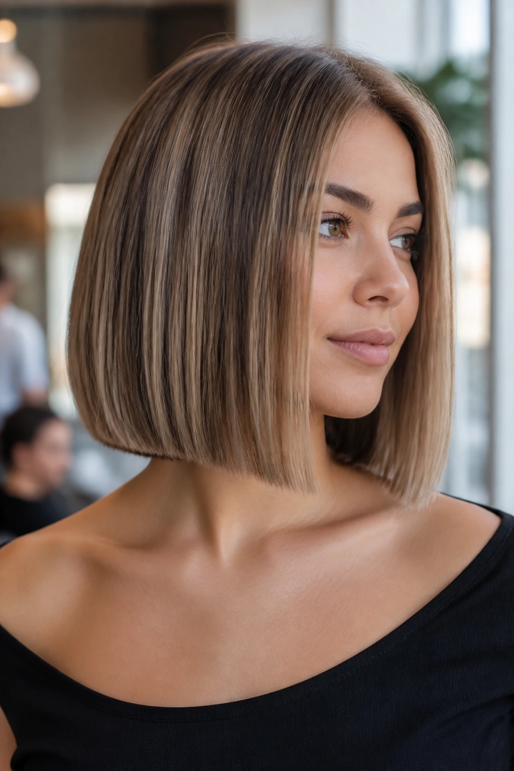 Close-up of a real woman with a boxy straight bob and mocha veil lowlights on dark blonde hair